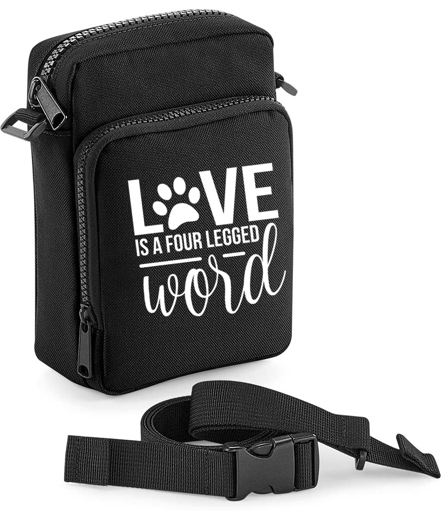 black cross body bag multi purpose zipped bag bumbag for dog walking love is a four legged word design scotland uk handmade