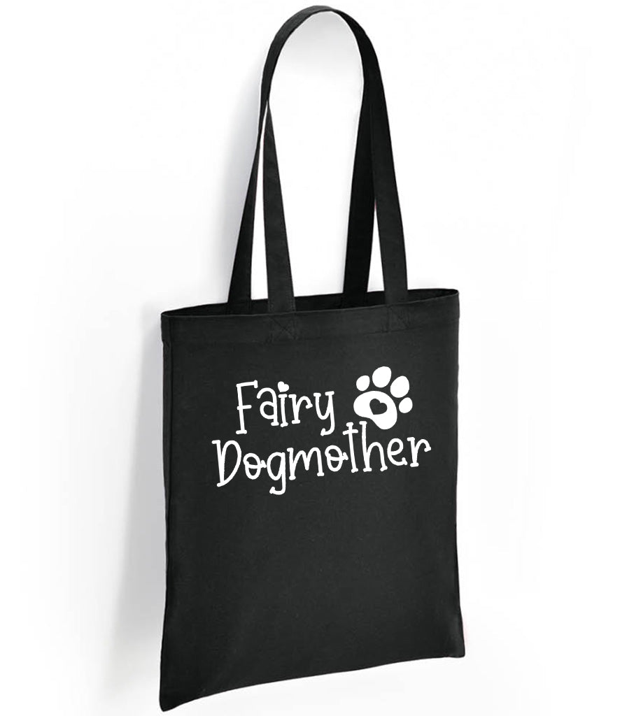 black cotton eco shopper tote bag reuse handmade in scotland UK Fairy Dogmother design printed white or pink glitter