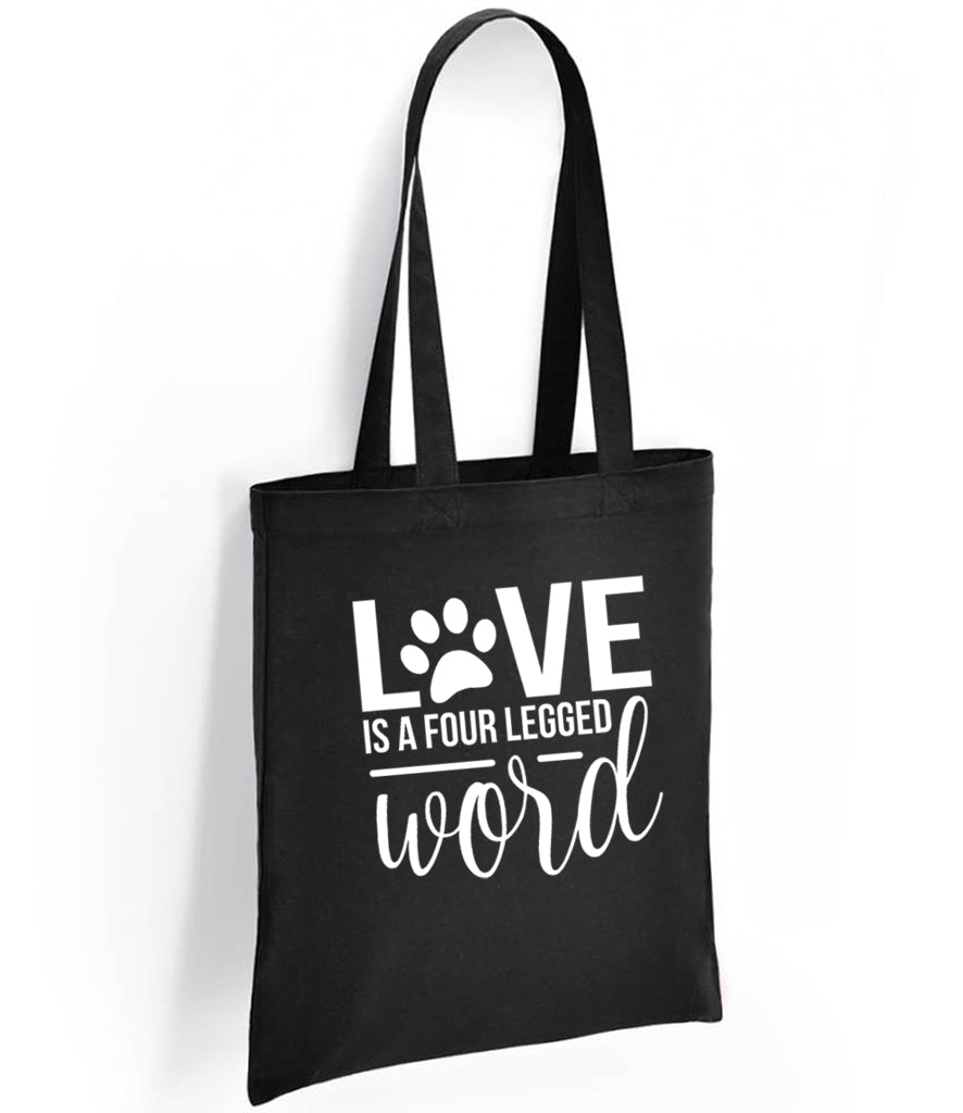 black cotton eco shopper tote bag reuse  handmade in scotland UK Love is a Four Letter Word design printed white or pink glitter