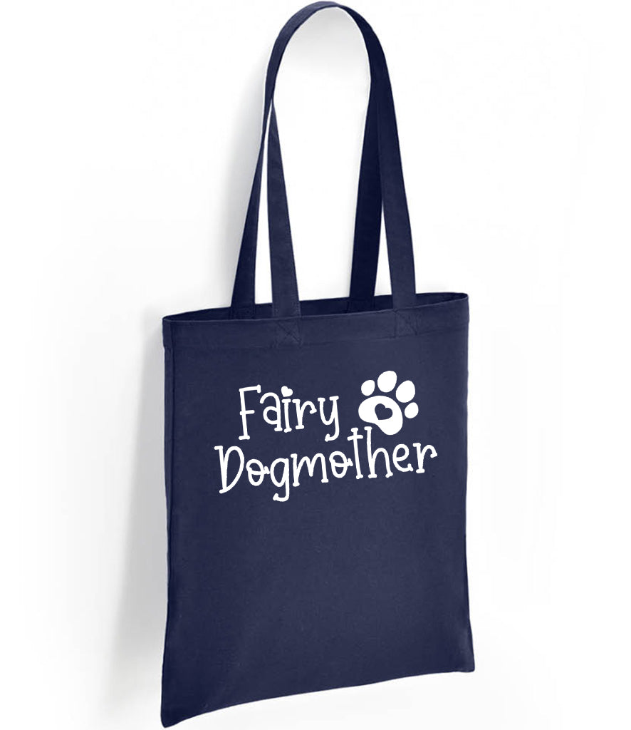 navy black cotton eco shopper tote bag reuse handmade in scotland UK Fairy Dogmother design printed white or pink glitter