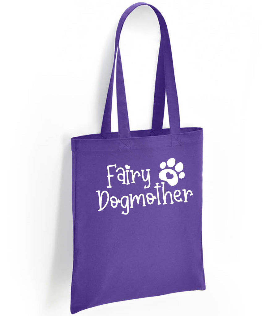 purple cotton eco shopper tote bag reuse handmade in scotland UK Fairy Dogmother design printed white or pink glitter