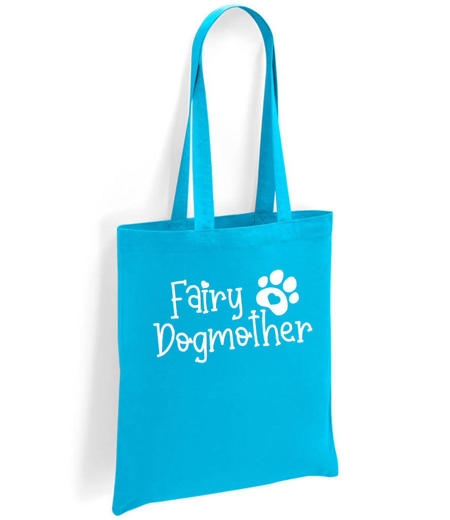 turquoise teal blue black cotton eco shopper tote bag reuse handmade in scotland UK Fairy Dogmother design printed white or pink glitter