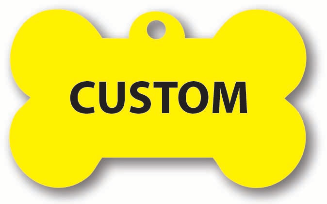 CUSTOMISE YOUR WORDING ON A YELLOW BONE SHAPED ALUMIUNIUM DOG TAG SAFETY ALERT AND YELLOW DOGS WHO NEED SPACE OR ARE ANXIOUS