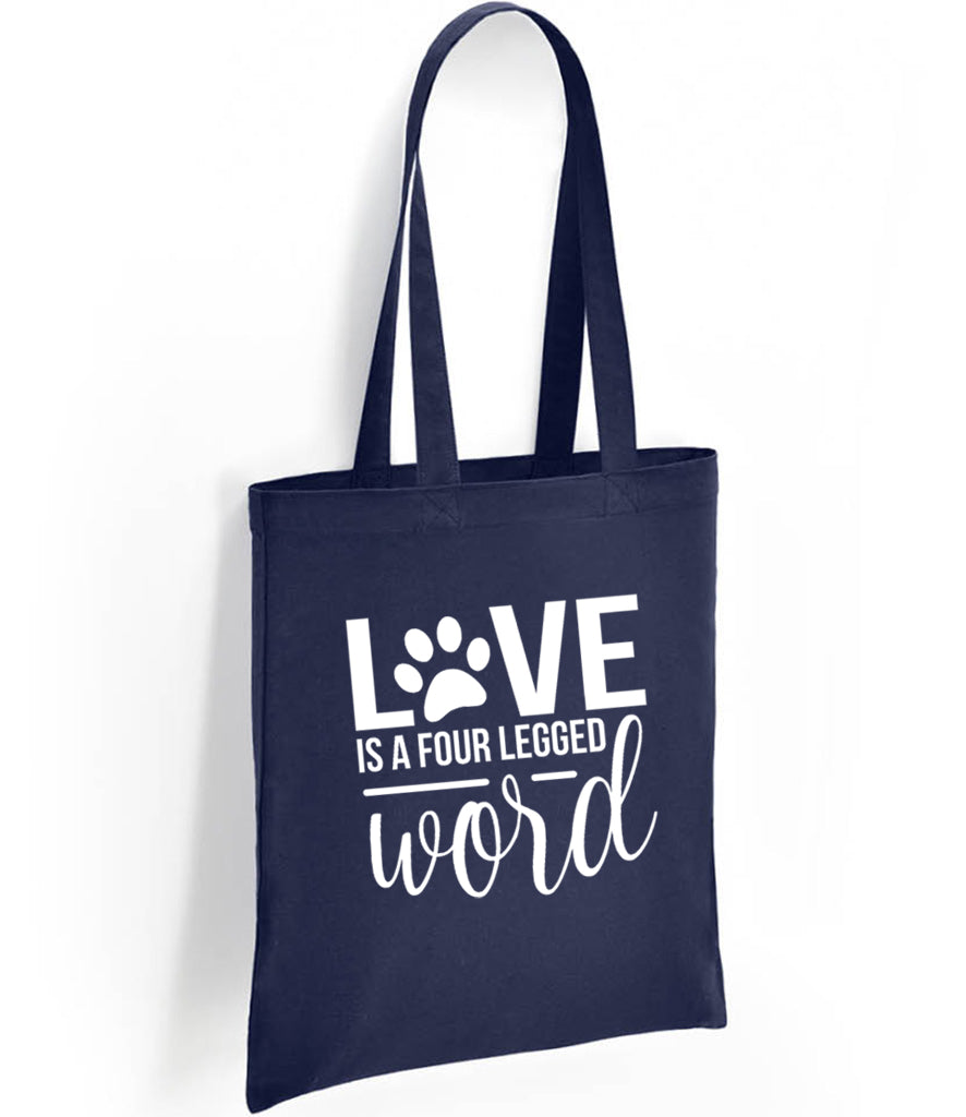 navy cotton eco shopper tote bag reuse  handmade in scotland UK Love is a Four Letter Word design printed white or pink glitter 