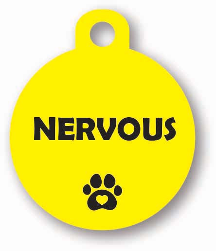 Round yellow dog cat collar harness lead tag for yellow dogs who need space hand made customised personalised uk NERVOUS