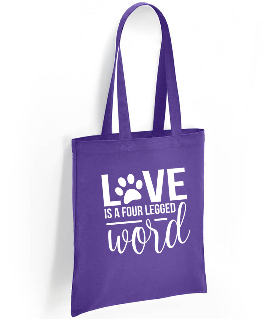 purple teal cotton eco shopper tote bag reuse  handmade in scotland UK Love is a Four Letter Word design printed white or pink glitter 