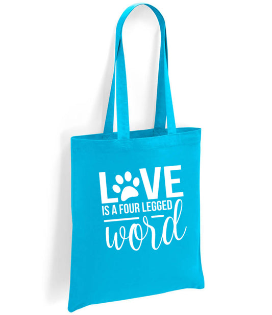 teal cotton eco shopper tote bag reuse  handmade in scotland UK Love is a Four Letter Word design printed white or pink glitter 