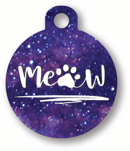 funky cat collar tag meow text on a purpley dark blue space themed abstract background personalised on the reverse