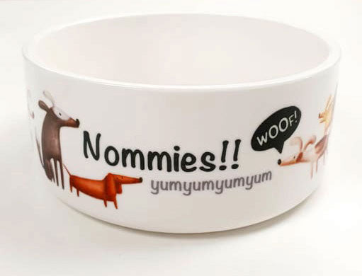 nommies ceramic hand printed made in scotland dog and puppy bowl unique quirky and unusual gift for xmas christmas and birthdays and for dog lovers