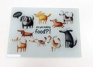 are you making food? these dogs love their grub - unique and quirky handmade glass chopping board for your kitchen - great gift for a dog lover - nommies nom nom noms uk